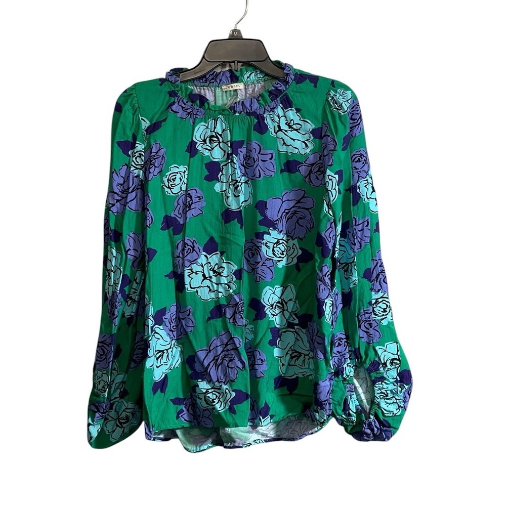JODIFL Med Floral Ruffle High Neck Long Sleeve Blouse Vibrant Emerald Green Boho